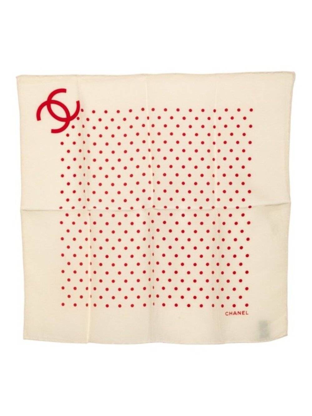 Chanel CC Logo Dot Pattern Scarf Ivory Red Silk